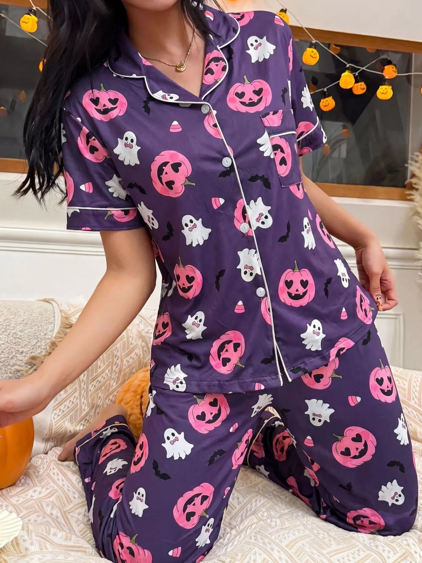 Trendsi Halloween Pumpkin Print Button-Down Top and Pants Set -
