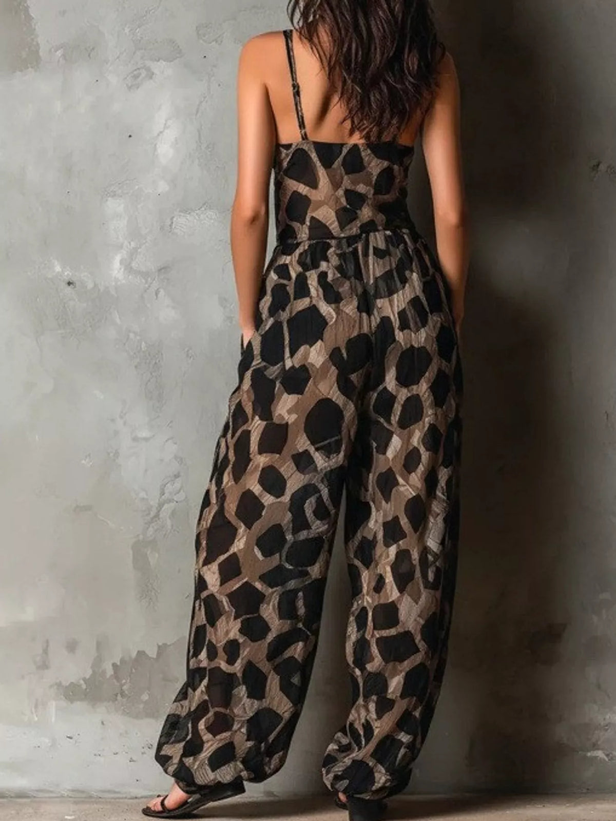 Tie-Knot Detail Geometric Print Wide-Leg Jumpsuit — back view