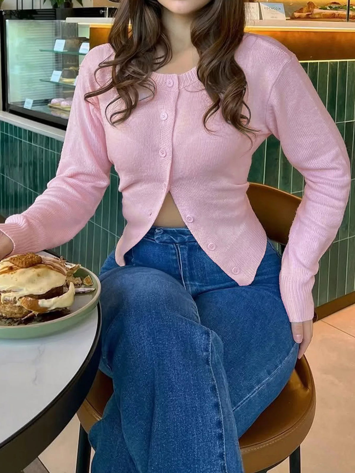 Pink slim-fit button-down cardigan