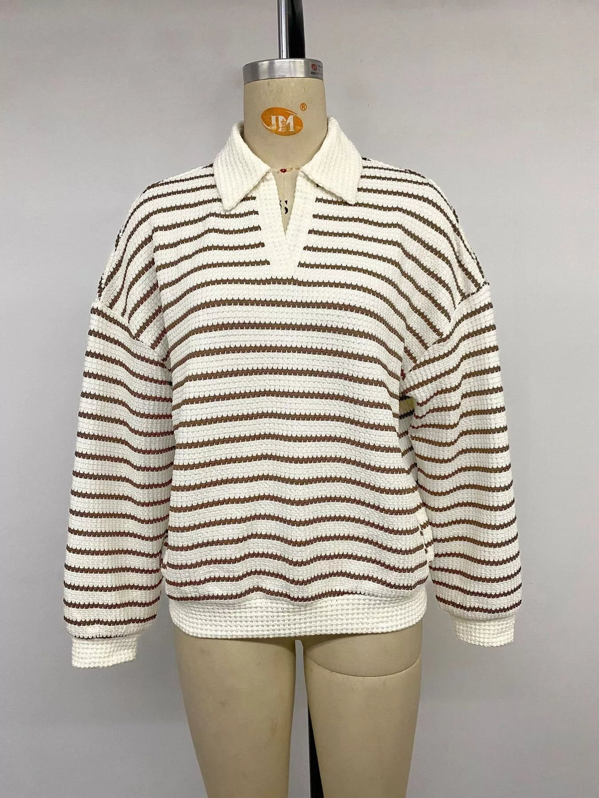 Trendsi Striped Polo Collar Knit Sweatshirt -