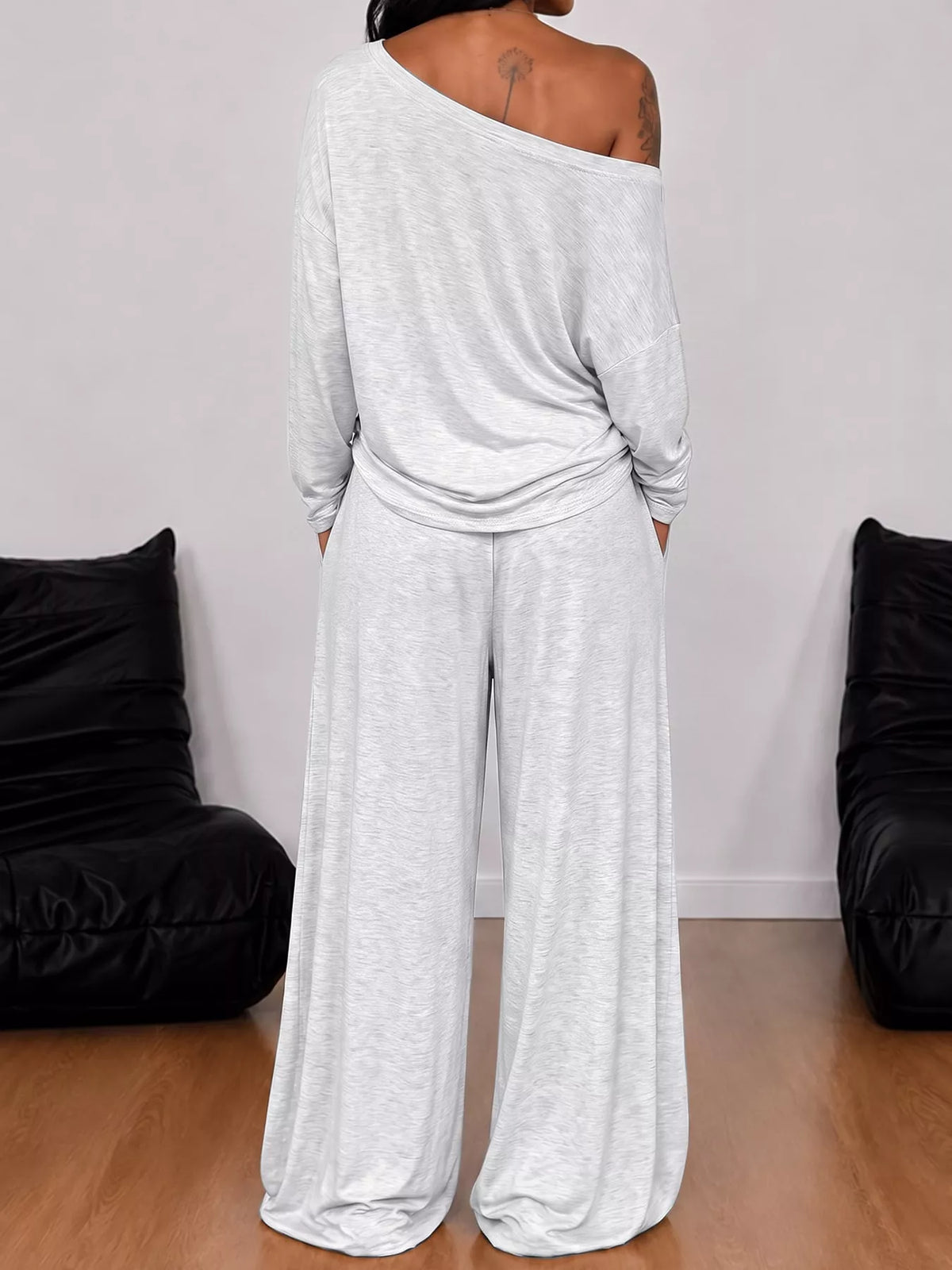 Off-Shoulder Striped Long Sleeve Top and Wide Leg Pants Set, back view in light gray