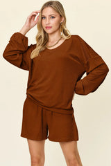 Trendsi Double Take Full Size Texture V-Neck Long Sleeve T-Shirt and Shorts Set - Shorts