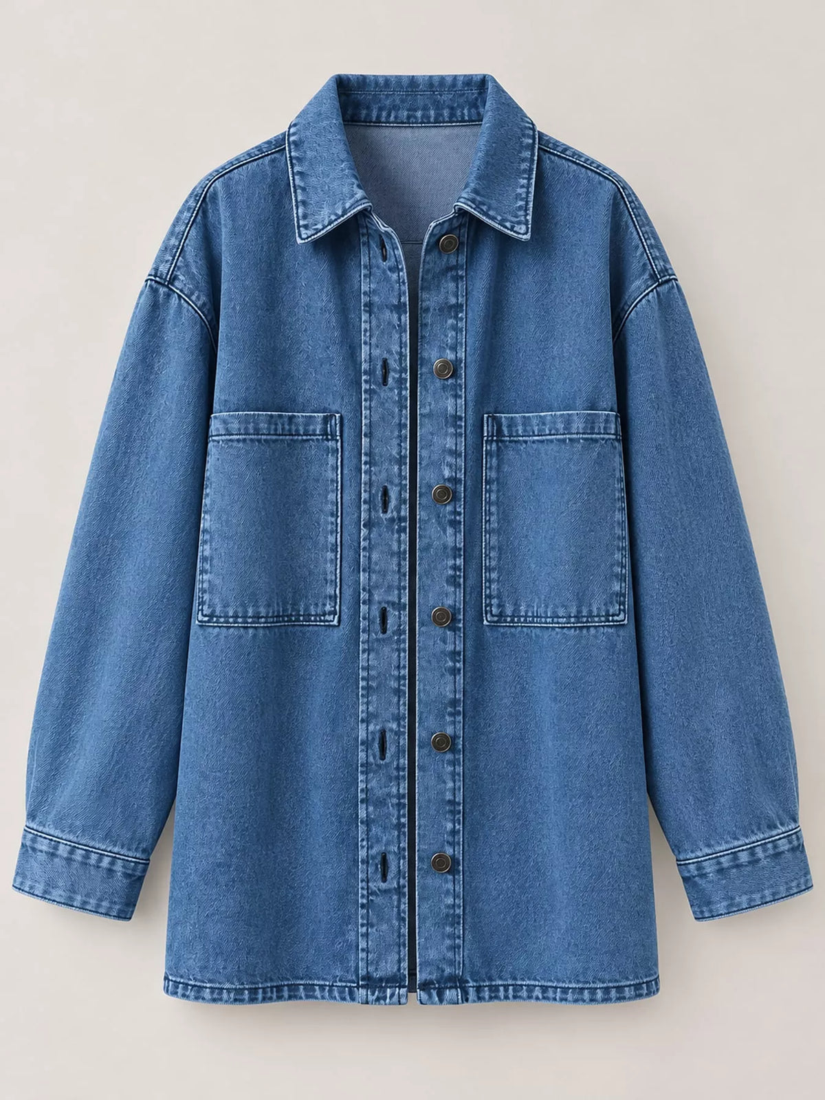 Button-Up Dropped Shoulder Denim Shacket — garment front
