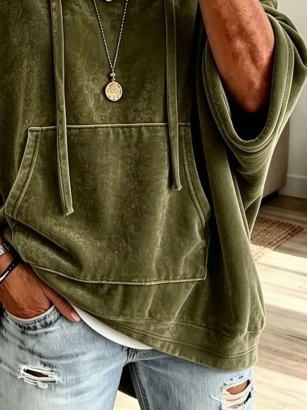Olive velvet kangaroo pocket drawstring hoodie, detail view