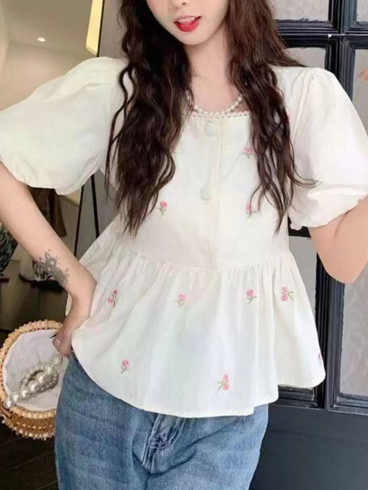 Cream floral embroidered puff sleeve peplum blouse
