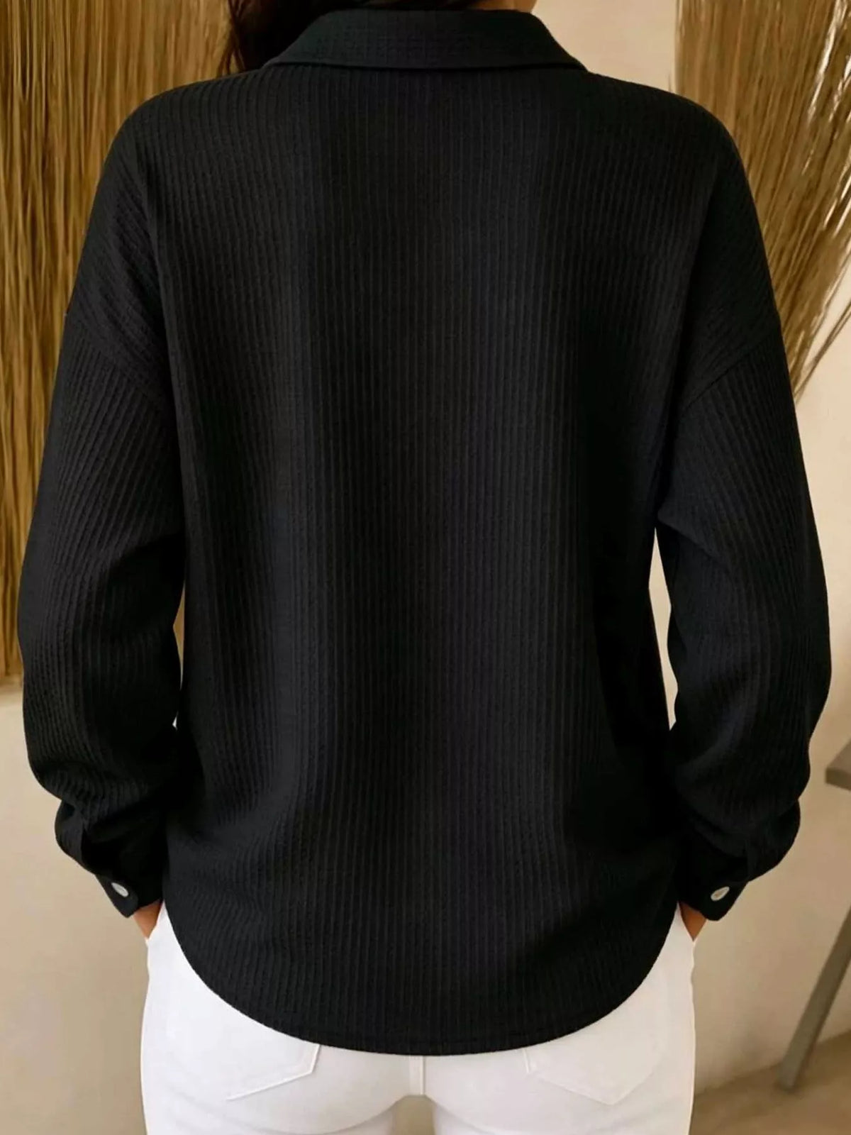 Black waffle knit button-down shirt, back view