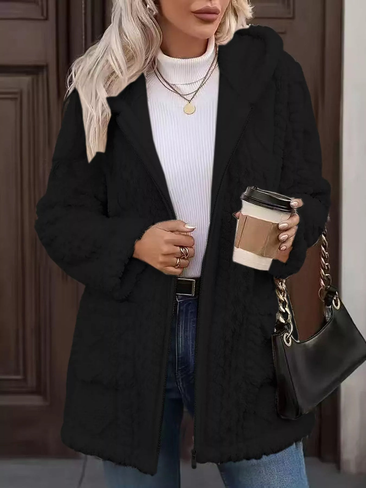 Black faux fur hooded zip-up jacket