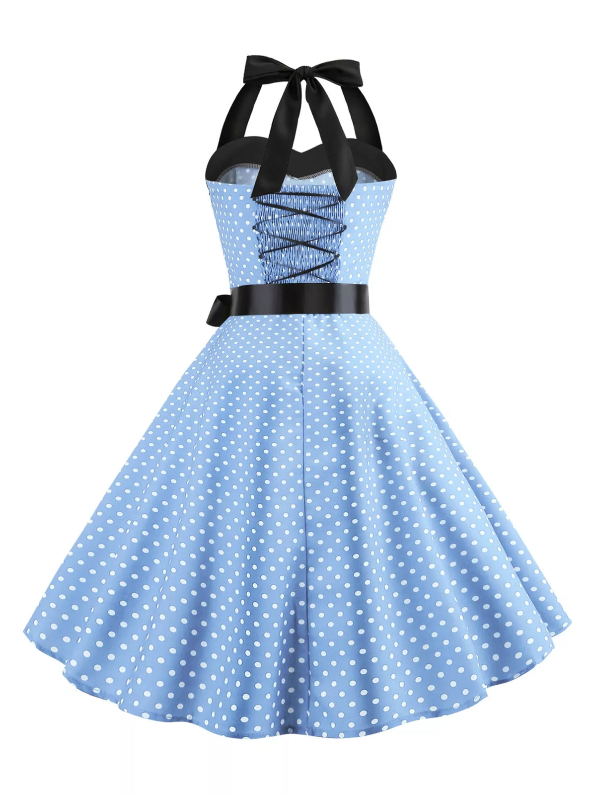Halter neck sleeveless knee dress, back view