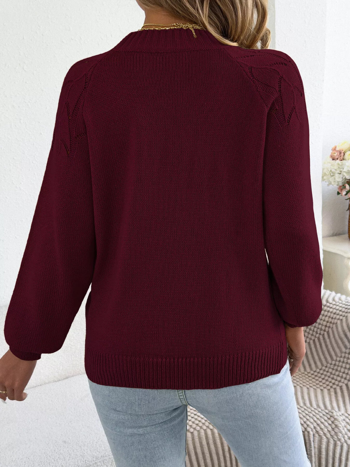 Burgundy openwork crew neck sweater, back view