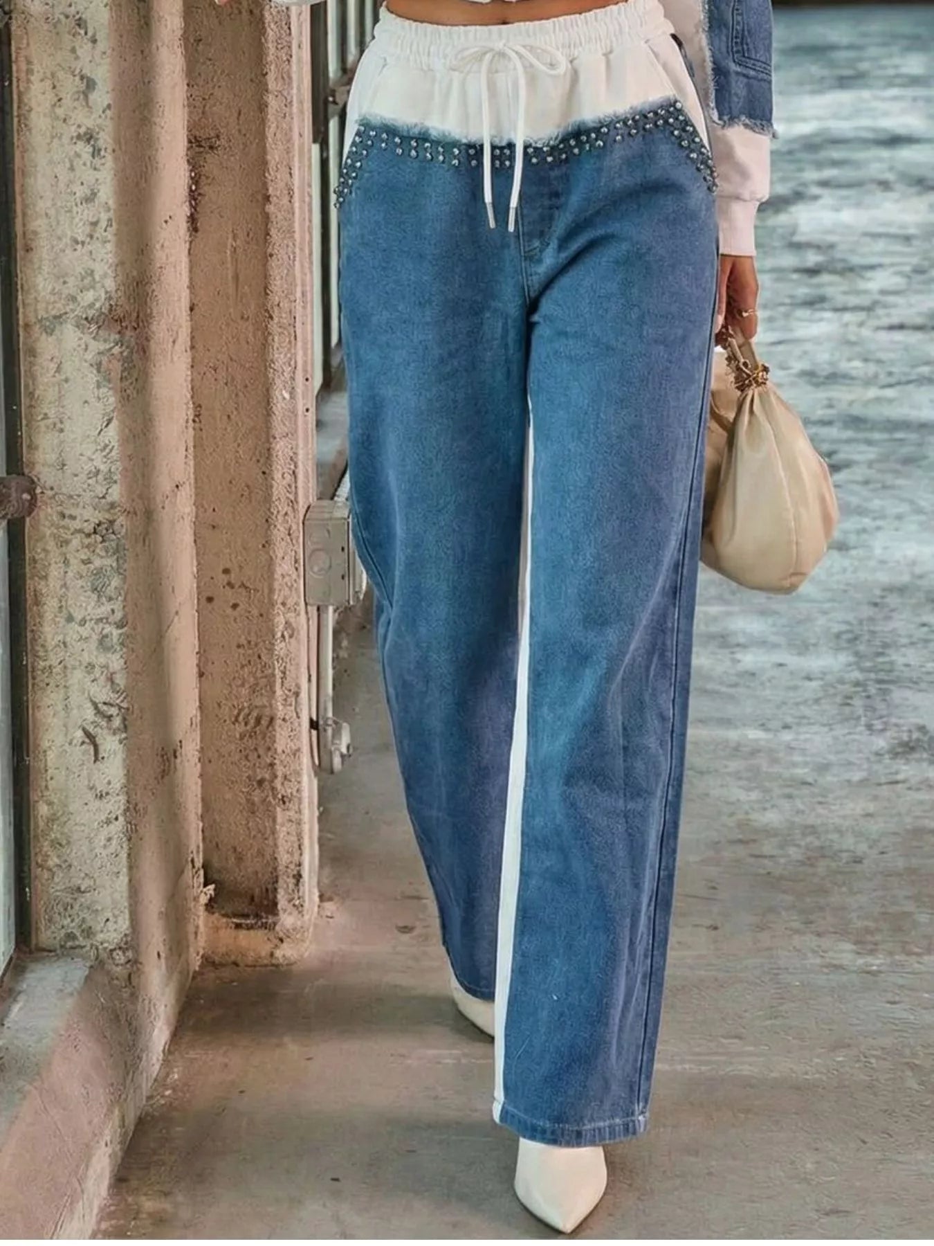 Studded denim patchwork hoodie and joggers set