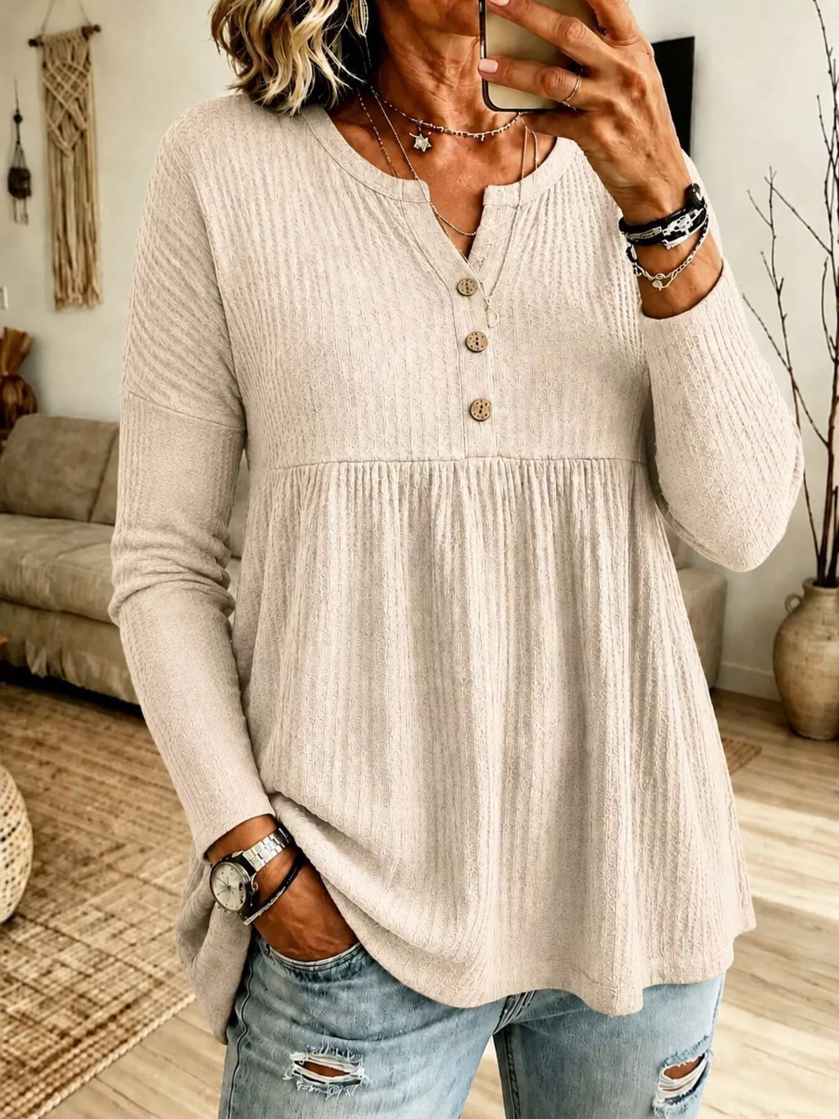 Button Detail Knitted Top in beige, front view