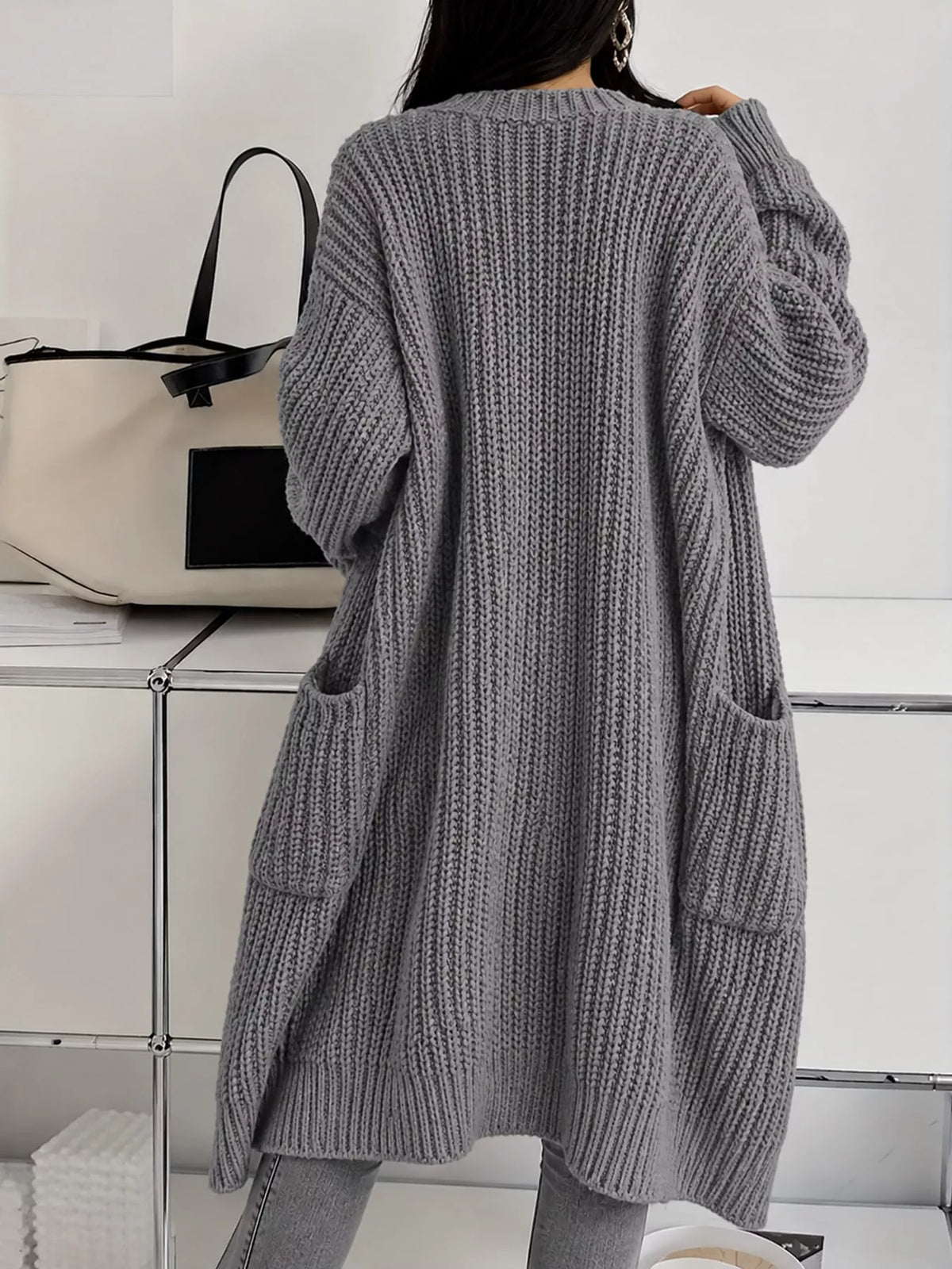 Longline knit cardigan, gray back