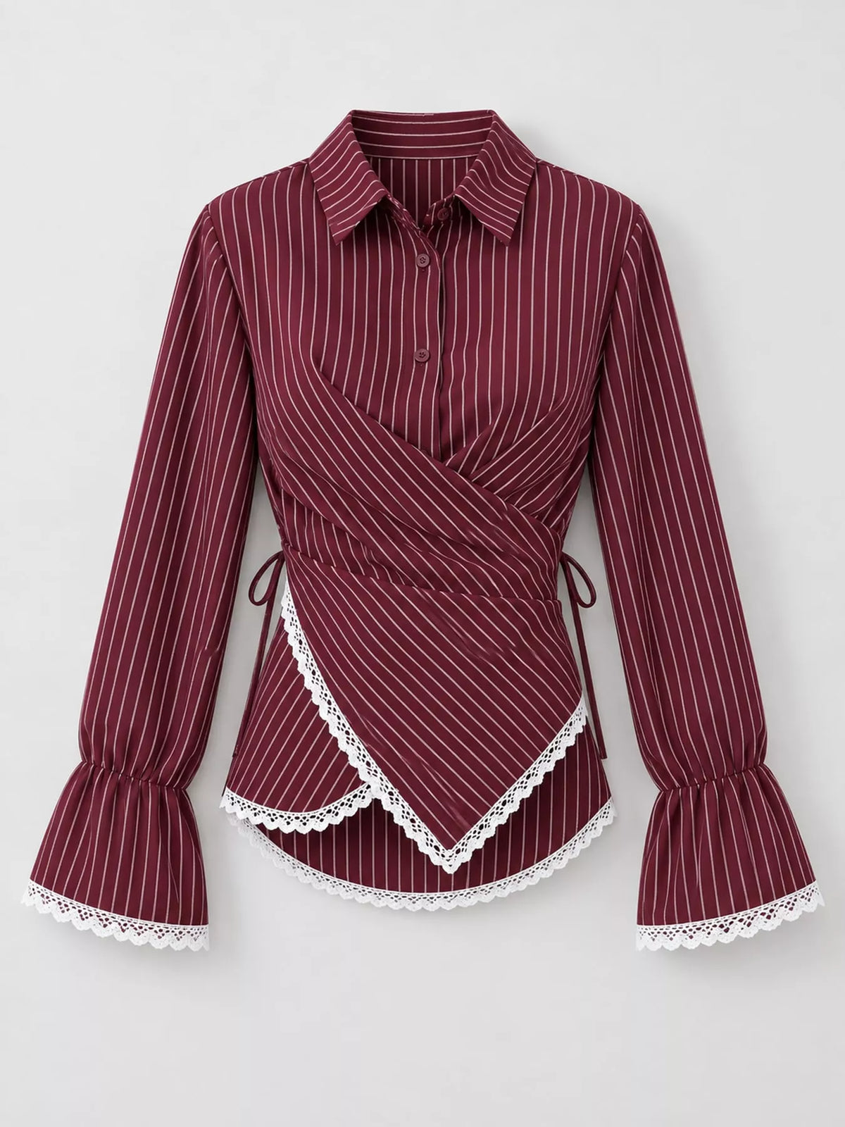 Lace-trim striped shirt, burgundy hanging front
