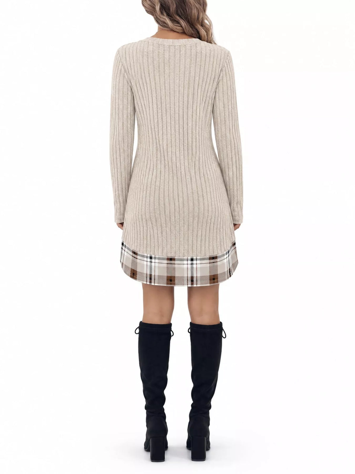 Round neck long sleeve mini dress, back view