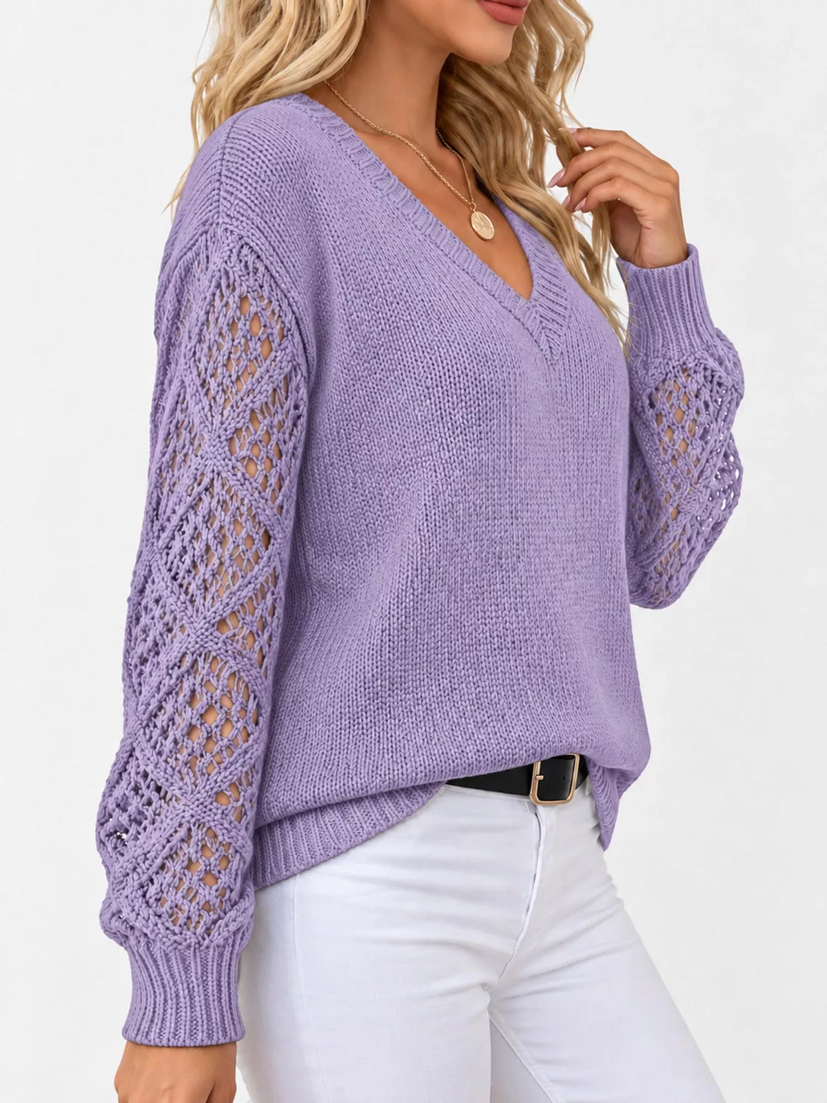 Purple v neck openwork long sleeve sweater, side view