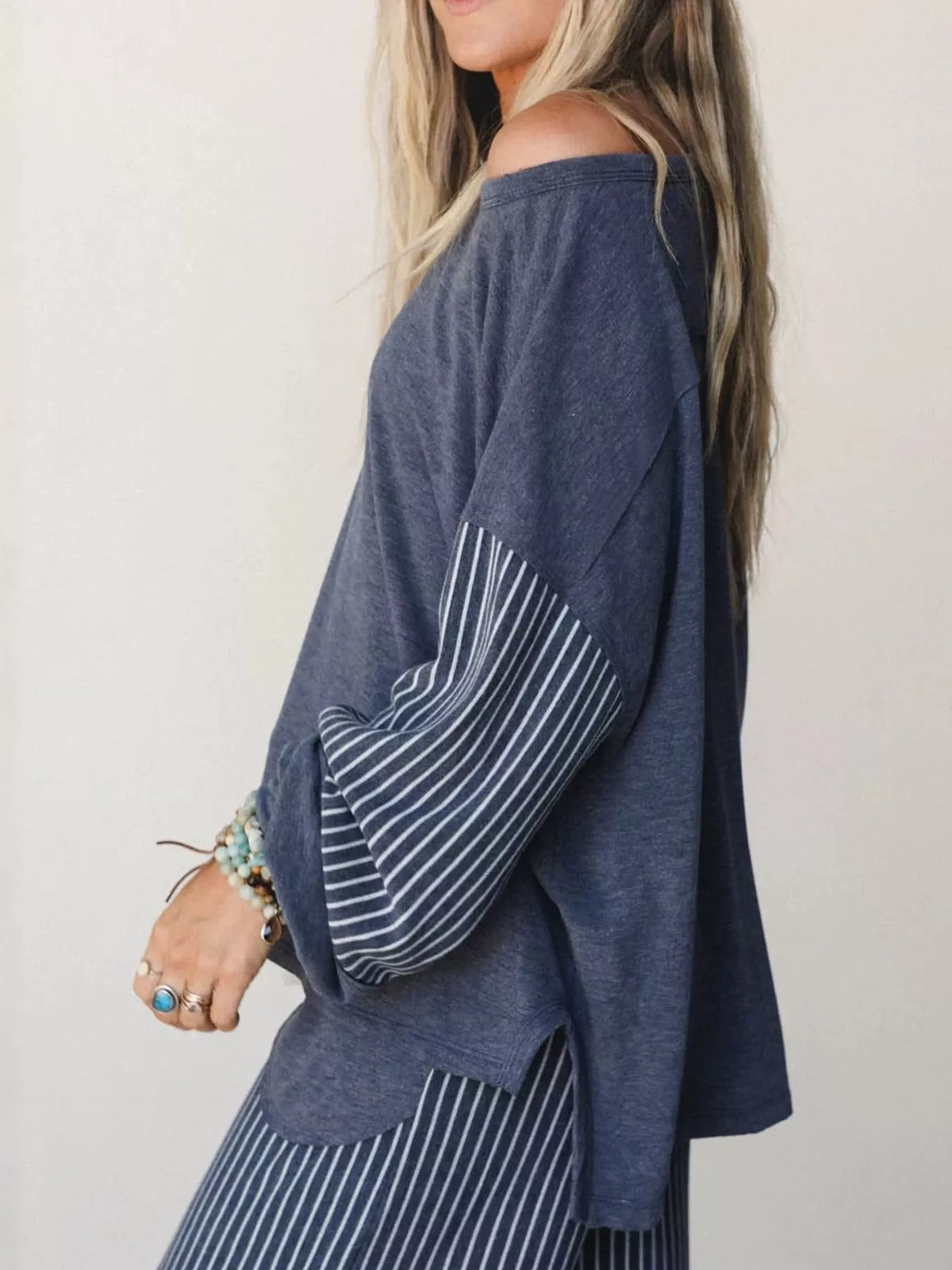 Blue striped boat neck top and wide-leg pants set