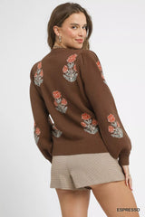 Trendsi Umgee Floral Knit Sweater with Puff Sleeves -