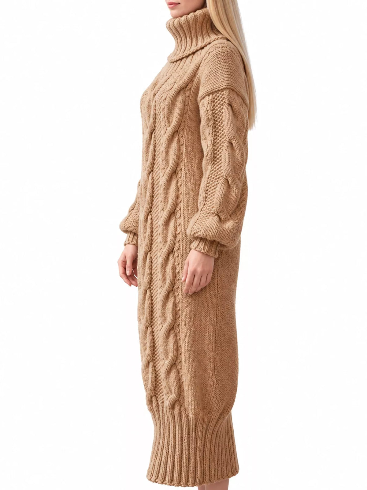 Khaki oversized cable knit turtleneck sweater dress