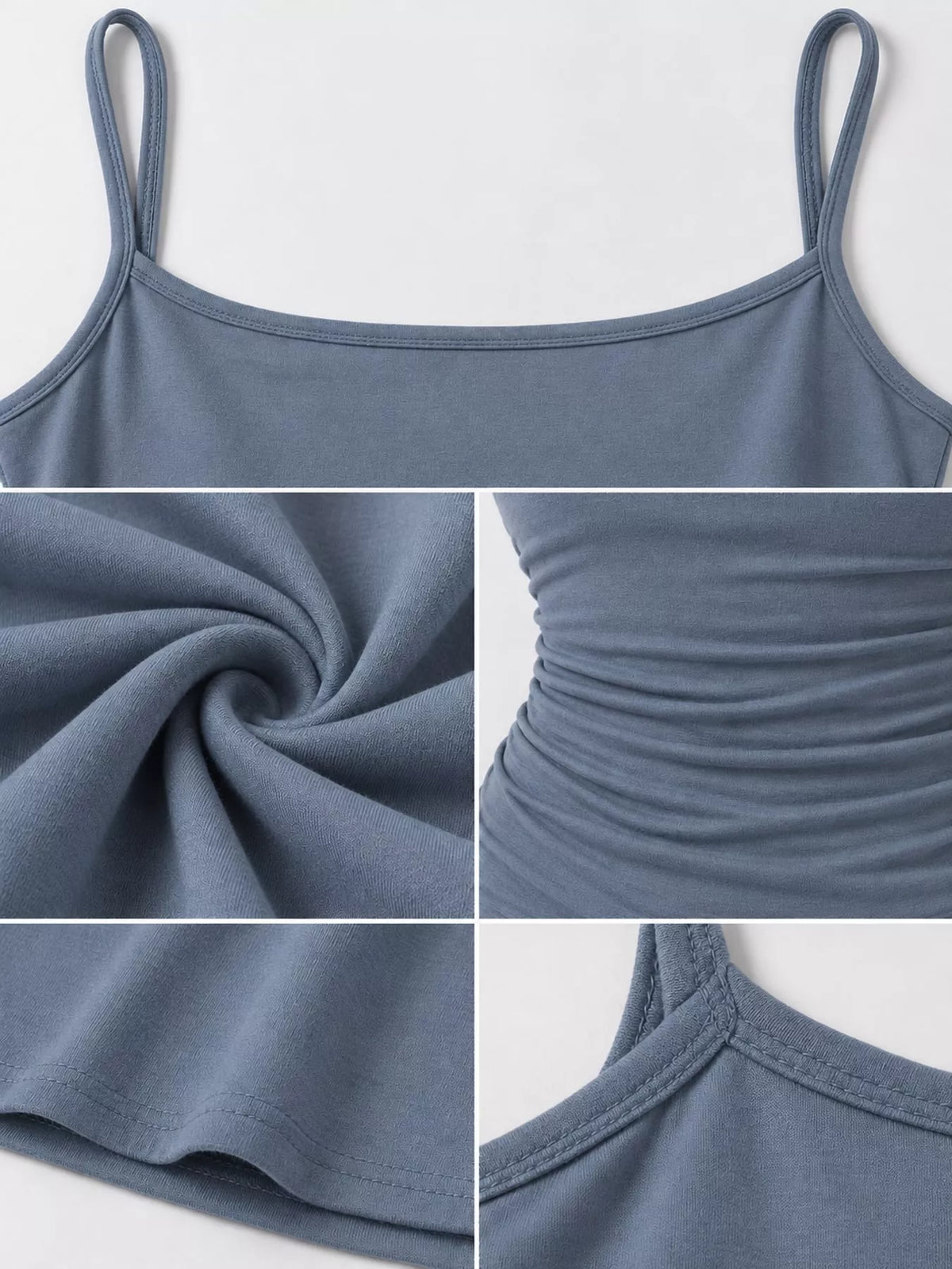 Blue-gray bodycon spaghetti strap maxi dress, detail view