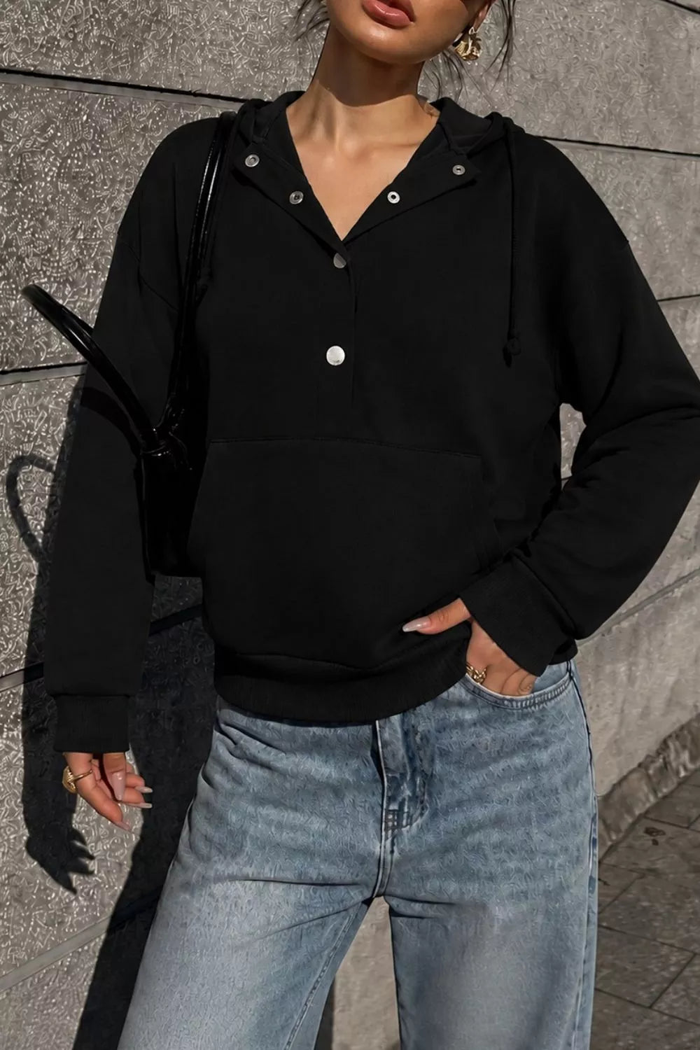 Women's Half Snap Kangaroo Pocket Hoodie in Black, alternate view