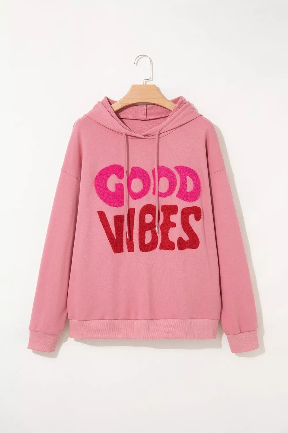 GOOD VIBES Chenille Letter Graphic Hoodie — garment front