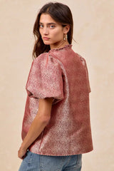 Trendsi BiBi Jacquard Woven Short Balloon Sleeves V Neck Top -