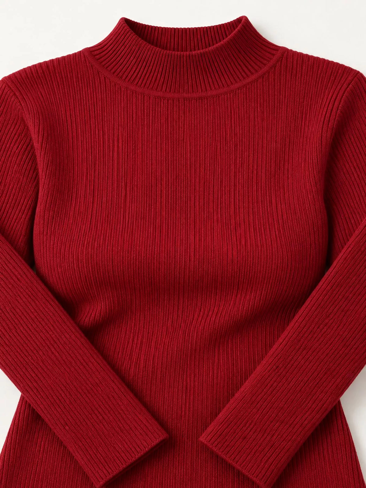 Dark red ribbed mock neck long sleeve knit top, ribbed knit and neckline detail