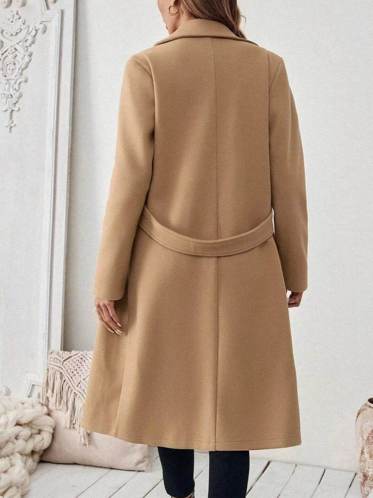Tan lapel-collar longline coat, back view
