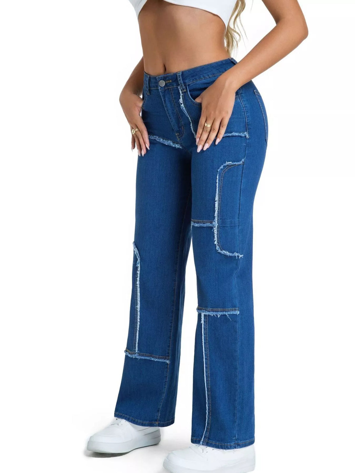 Frayed edge straight leg jeans