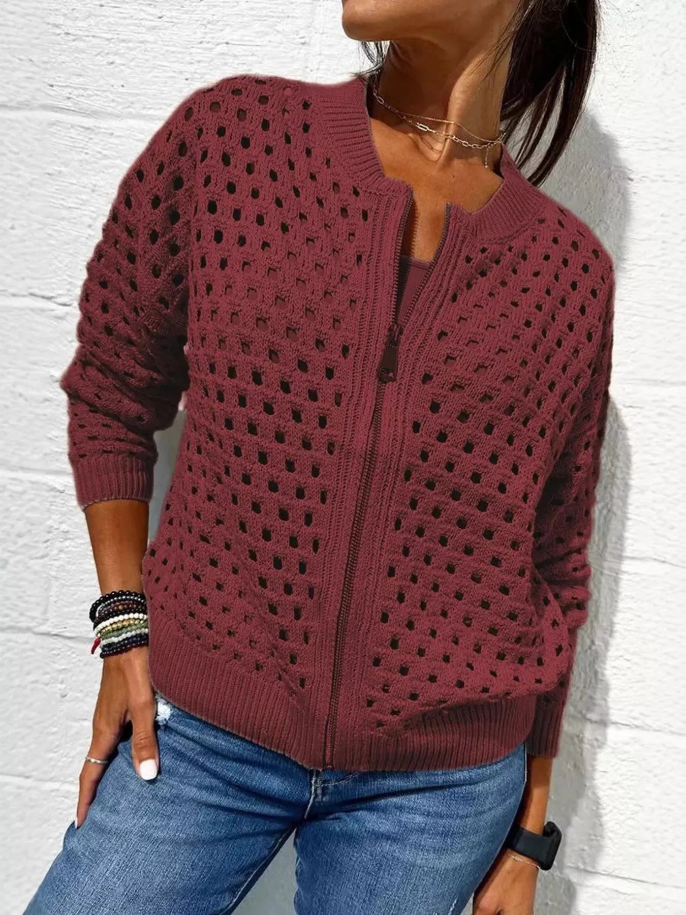 Trendsi Full Size Crochet Knit Zip-Up Cardigan Plus Size -