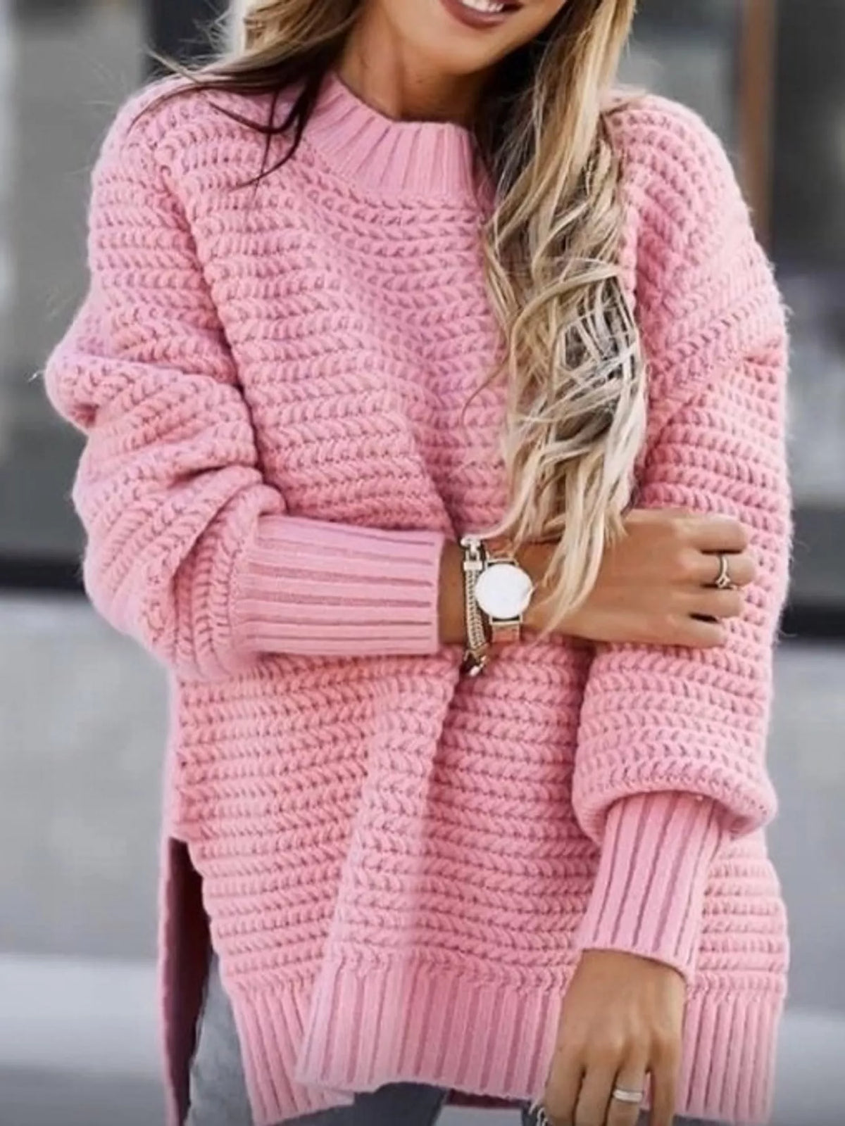 Round neck long sleeve sweater, front view on model