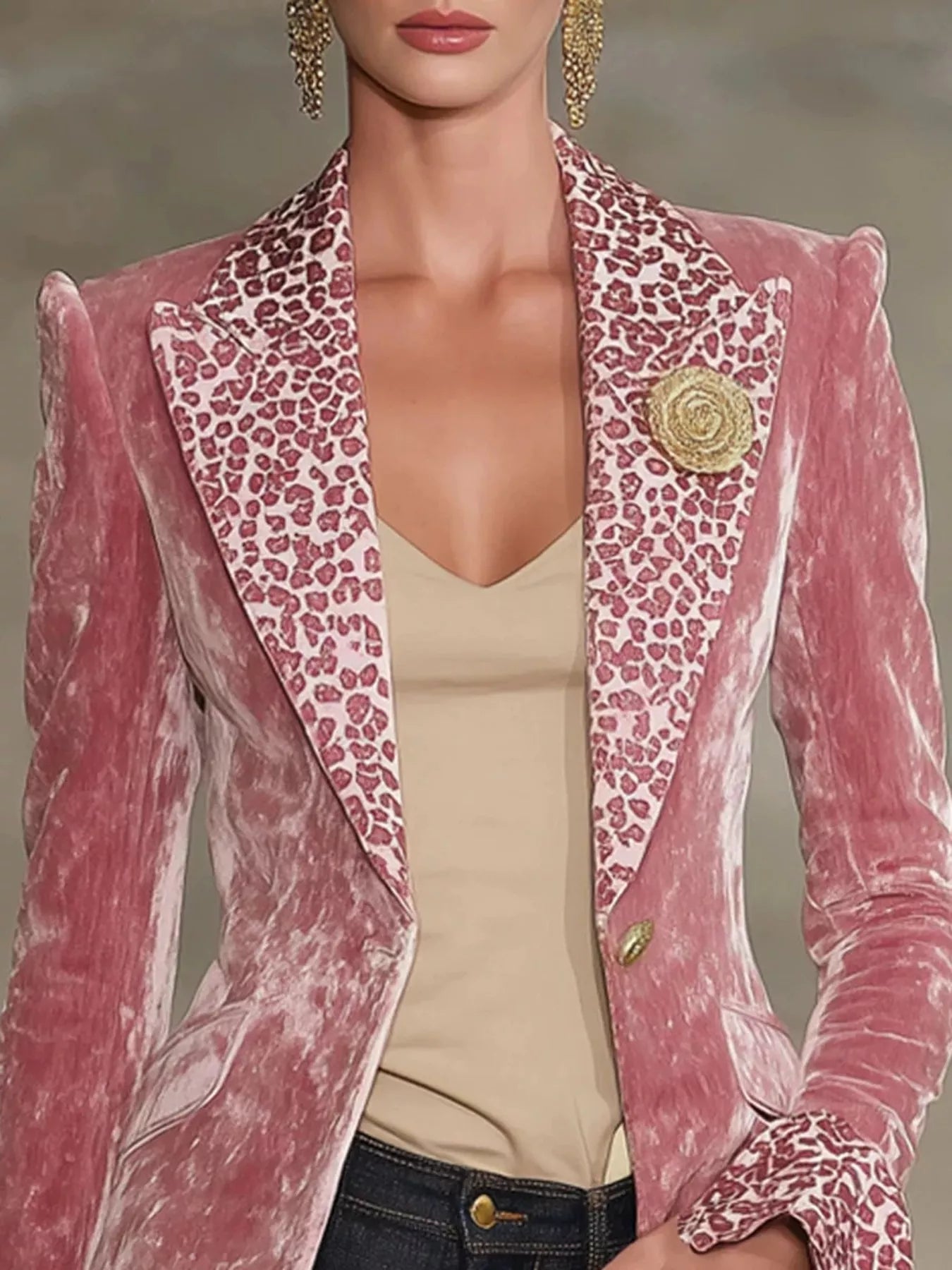 Trendsi Velvet Leopard Lapel Collar One Button Blazer -