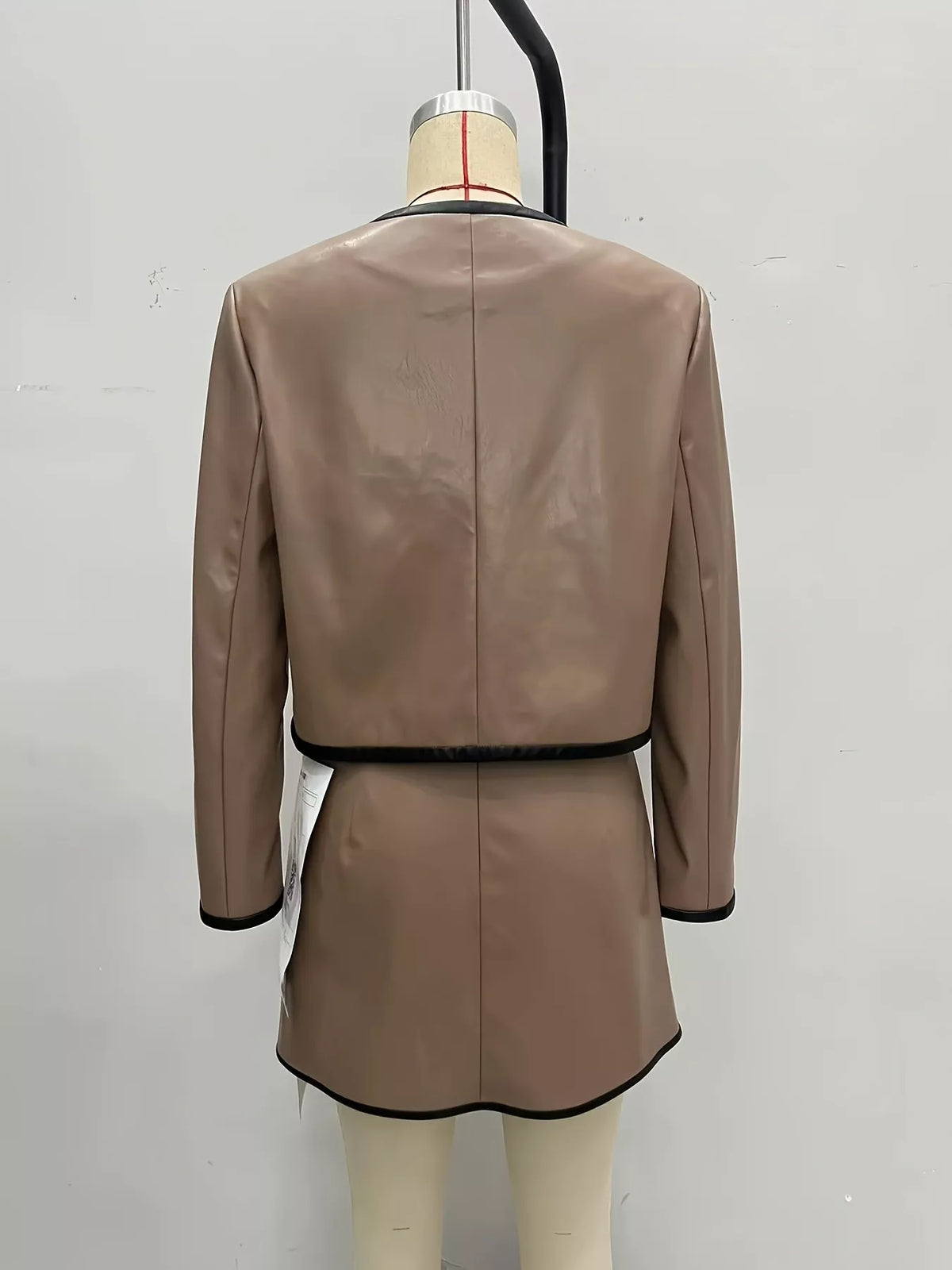 Tan Contrast-Trim Jacket & Mini Skirt Set mannequin back view