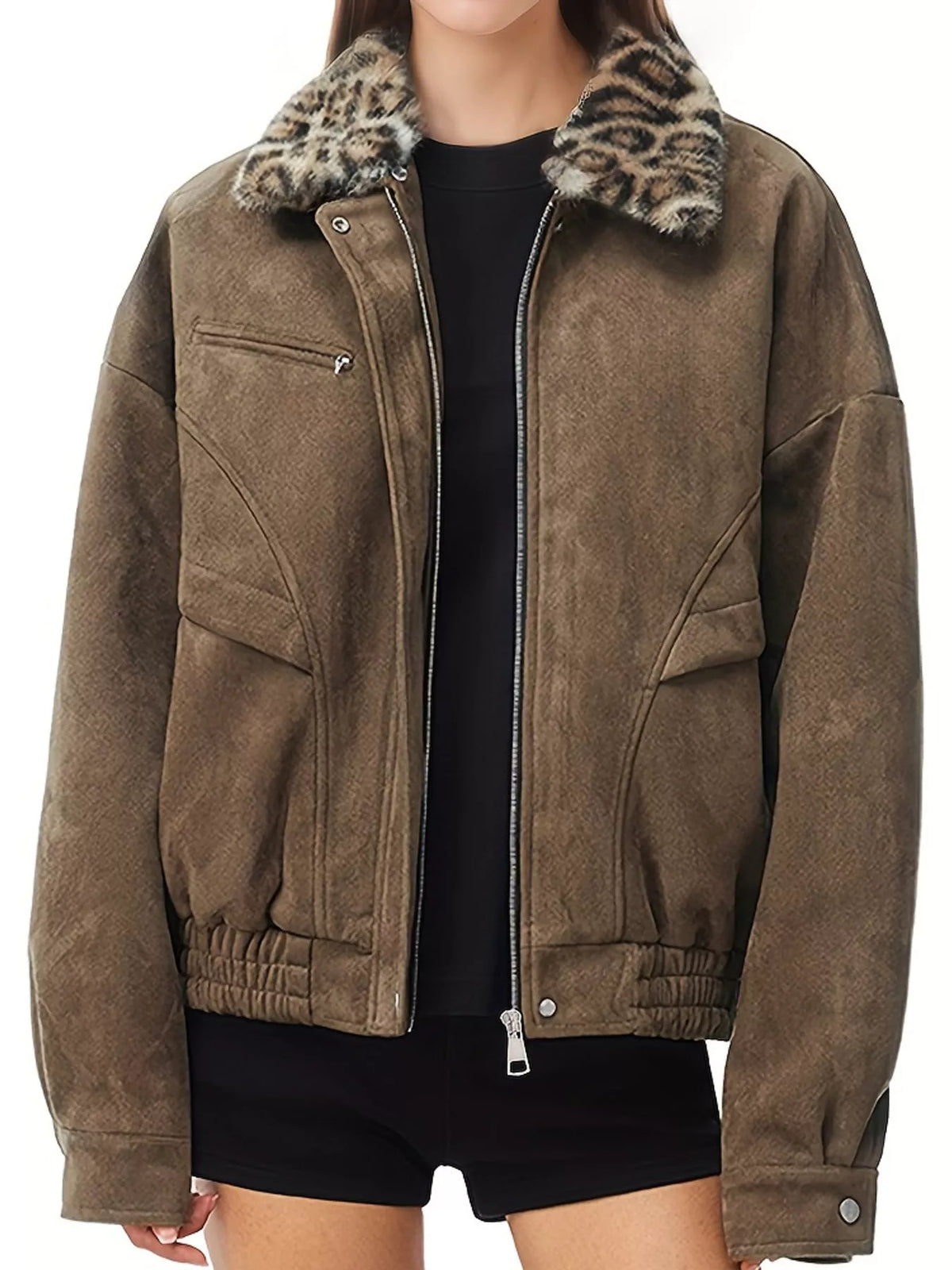 Brown leopard collar zip-up jacket — front view