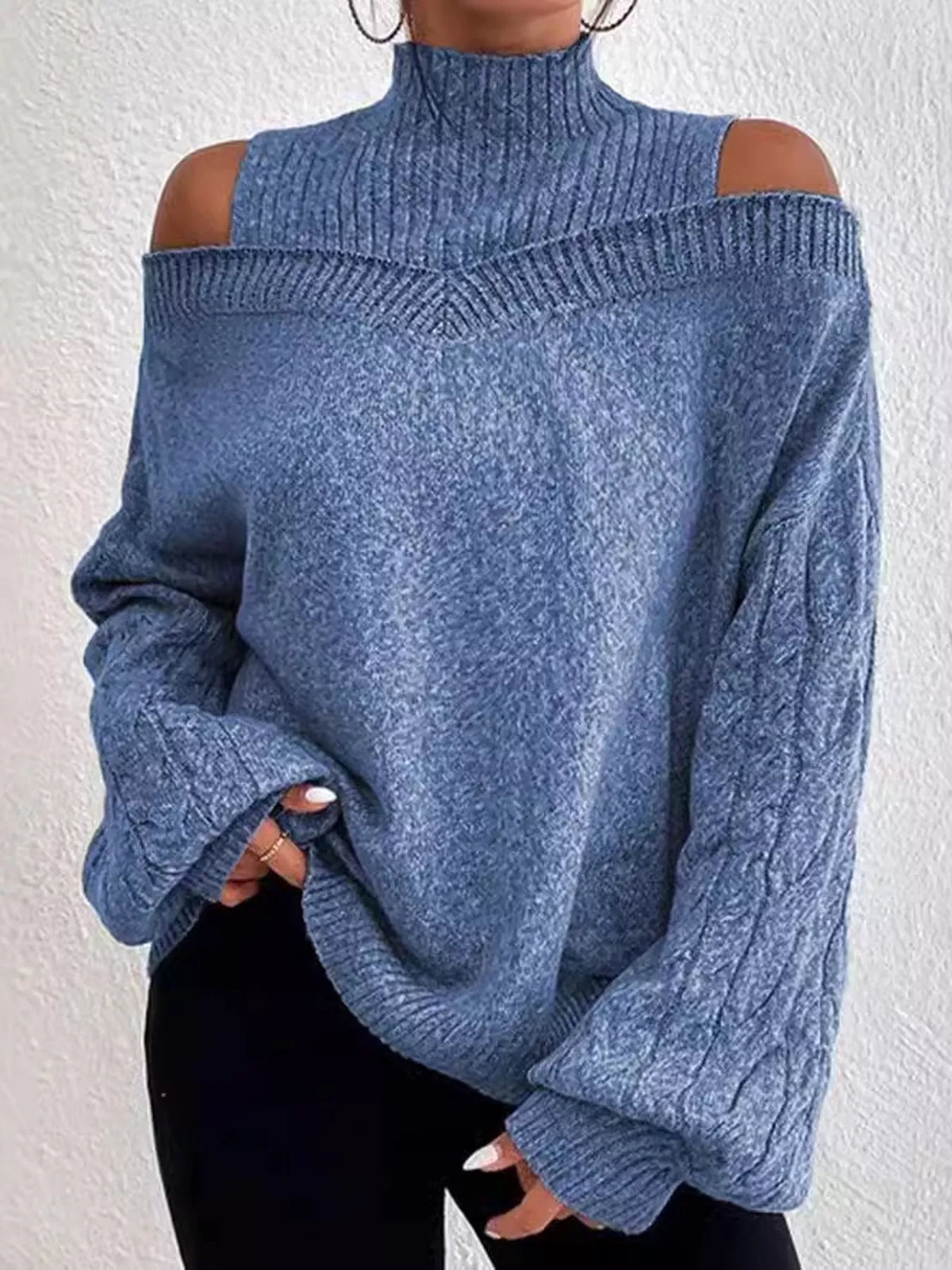 Blue cold shoulder mock neck cable knit sweater, front view