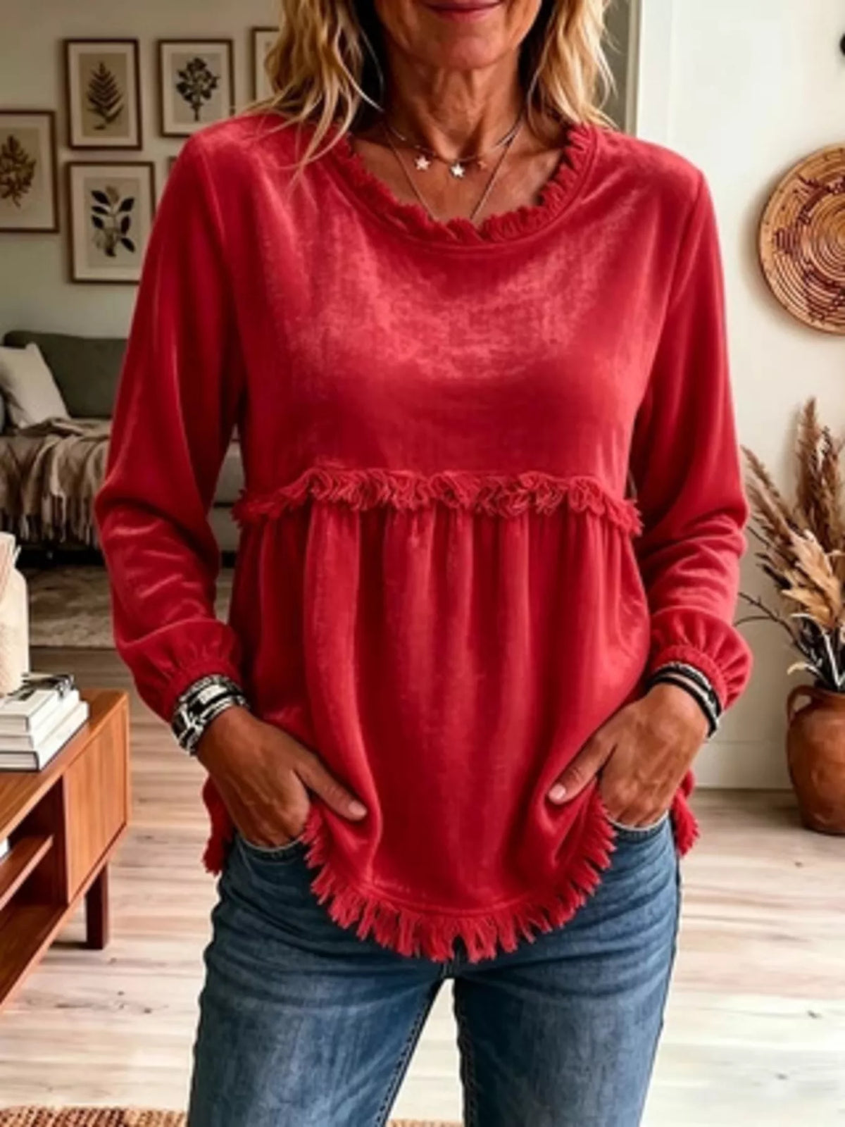 Trendsi Fringed Hem Long Sleeve T-Shirt -