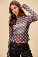 Trendsi SO ME Plaid Mesh Knit Long Sleeve Top with Thumb Opening -