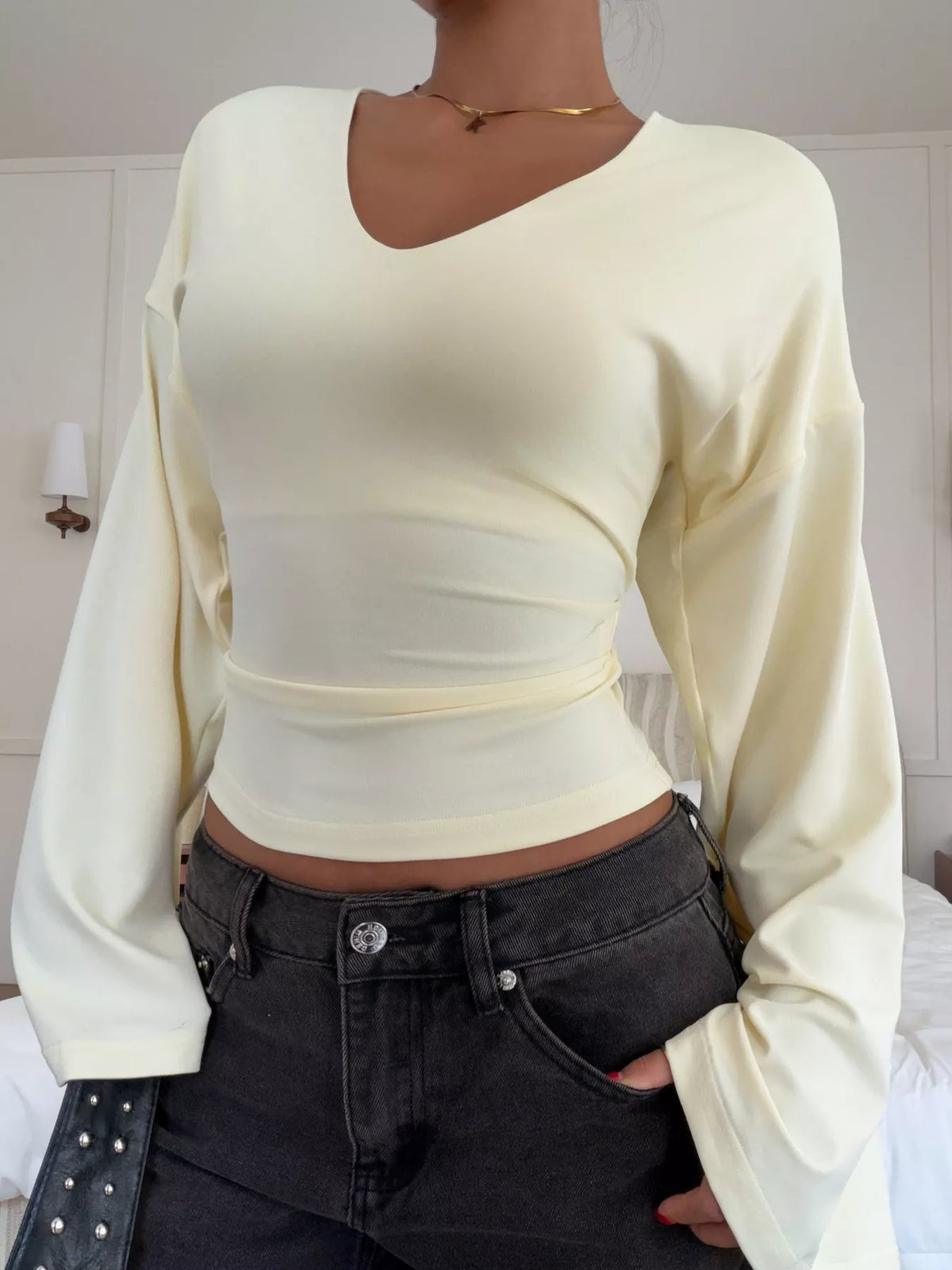 V-Neck Flare Sleeve T-Shirt in yellow, front view