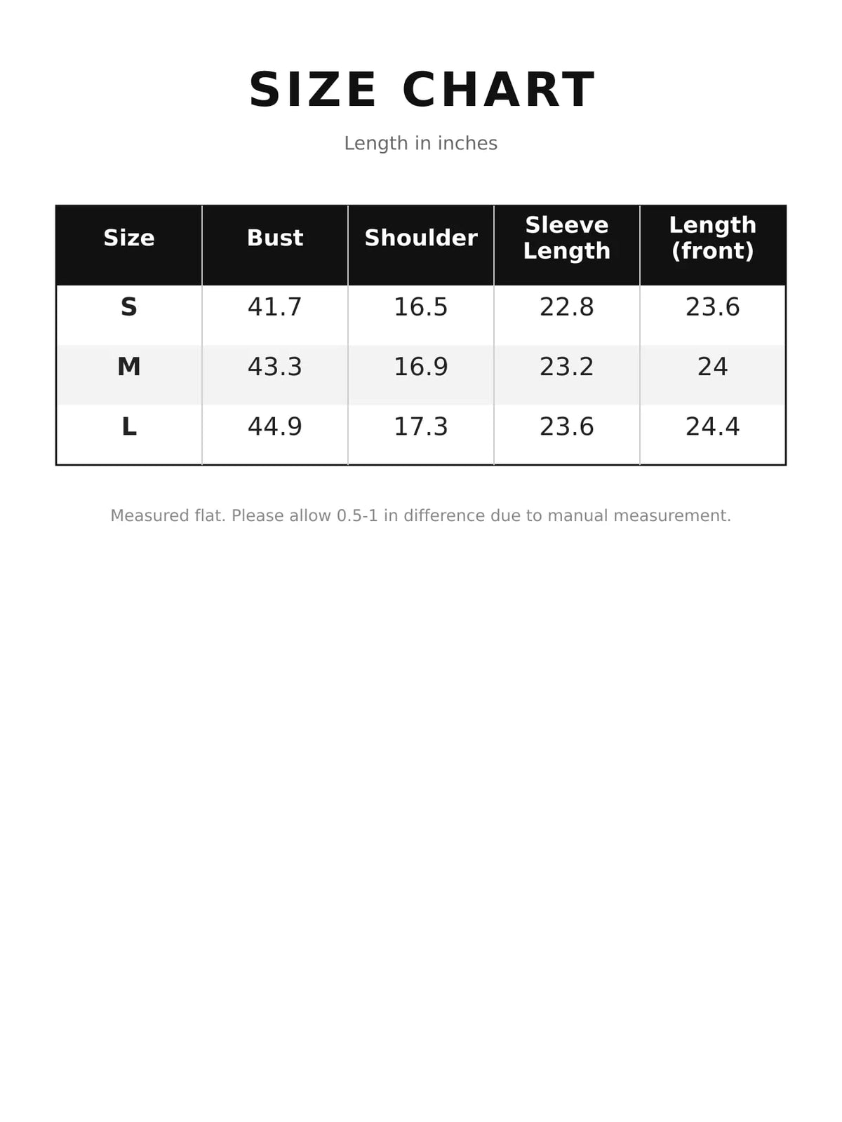 Size chart for faux fur open-front coat