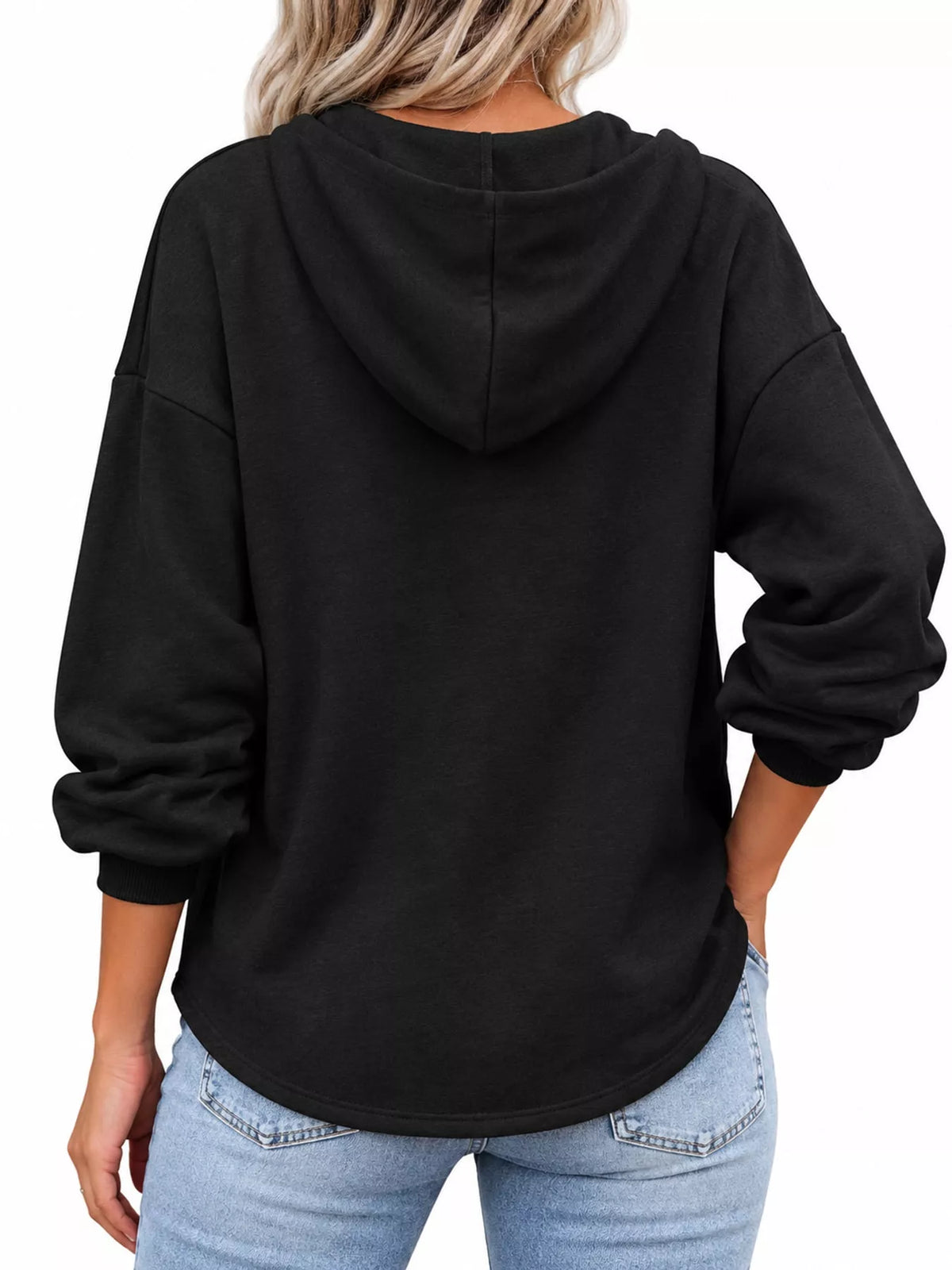 Women's Button Placket Drawstring Dropped Shoulder Hoodie in black — back view