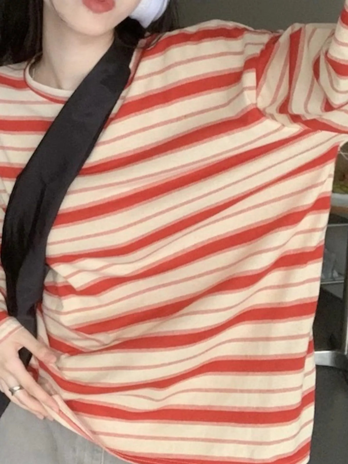 Red and cream striped oversized T-shirt, stripe detail