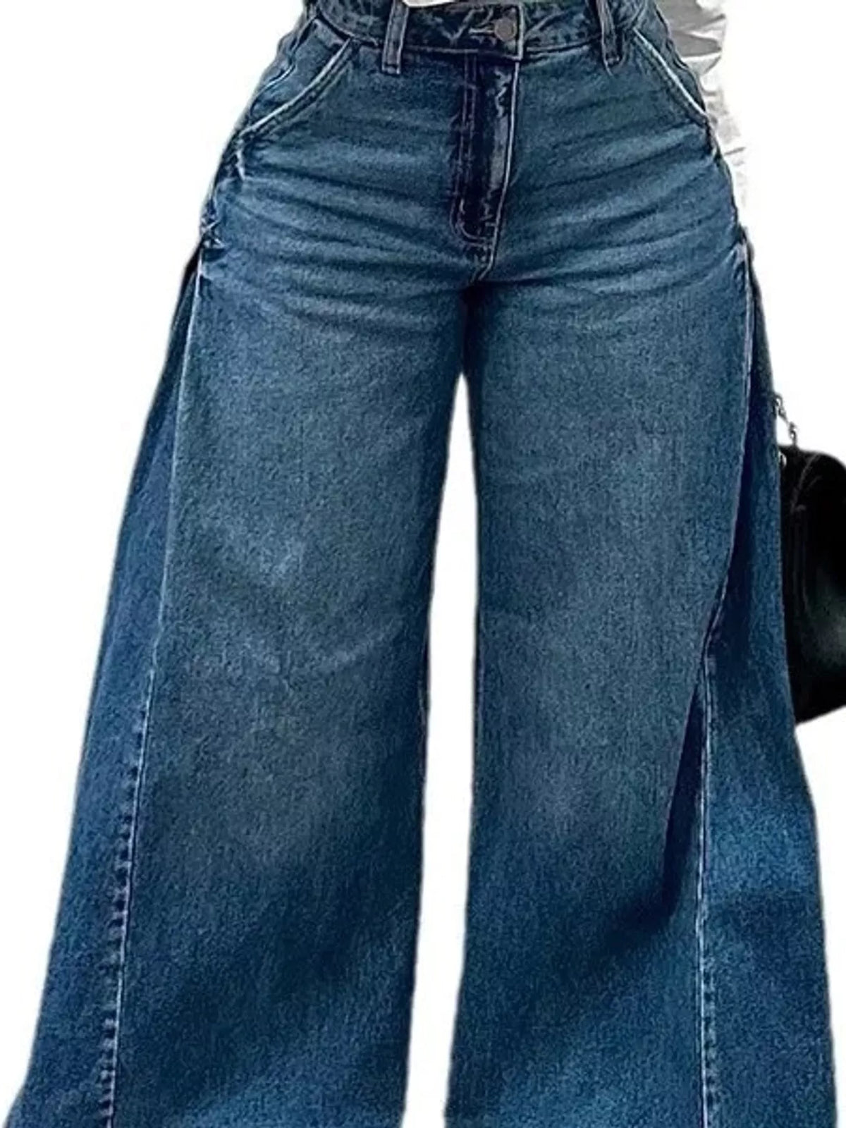 Mid-Rise Wide-Leg Jeans with Side Panels, waist detail