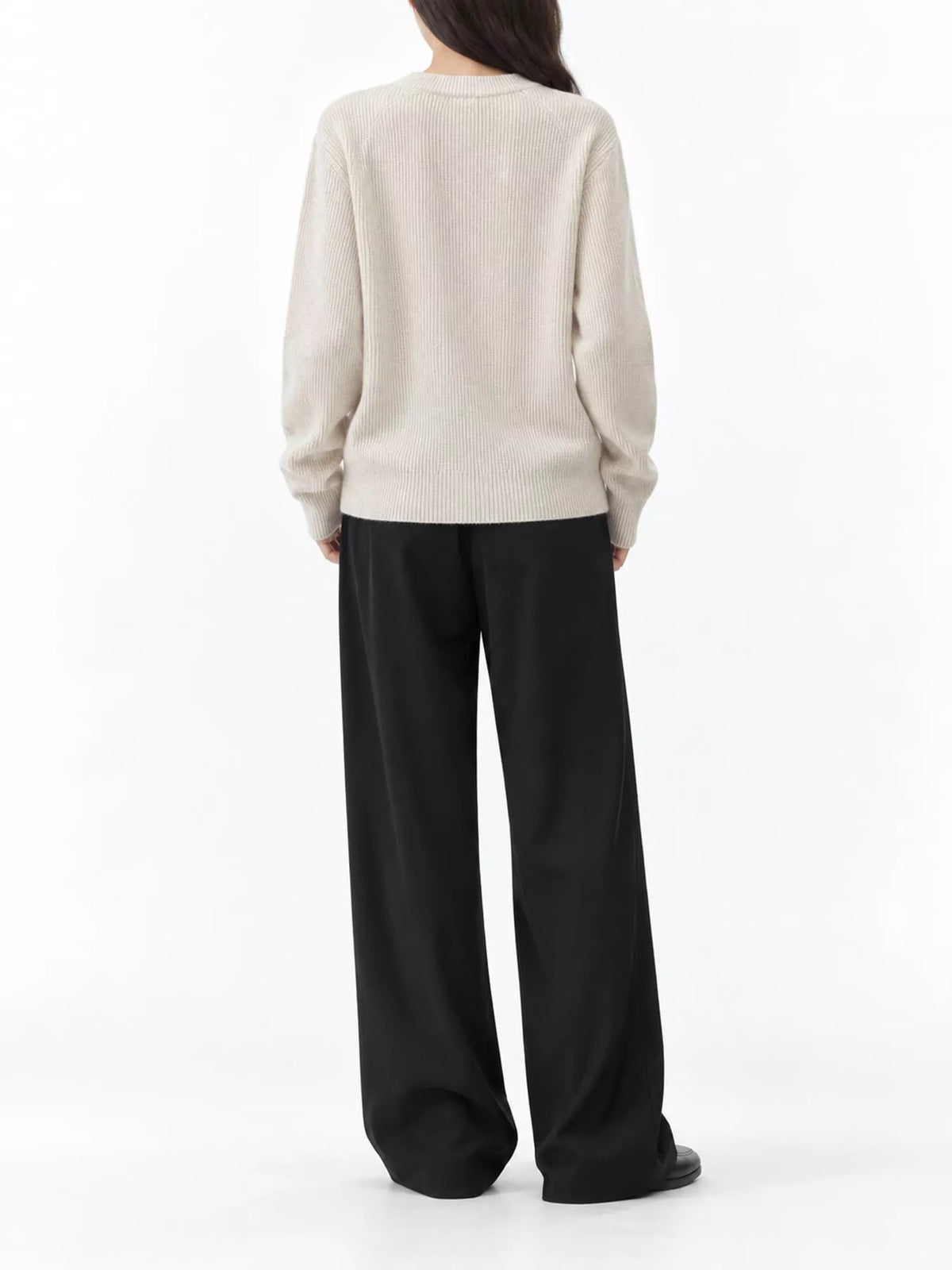 Pearl Barley ribbed knit asymmetrical button cardigan, back view