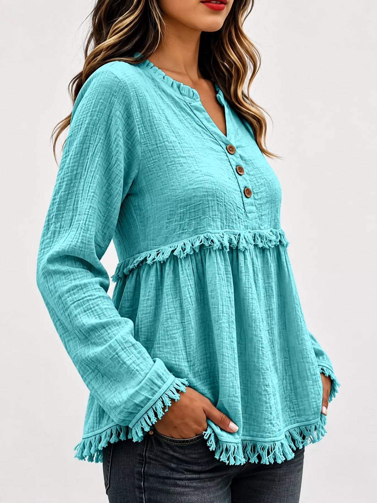 Frayed-hem blouse, teal side