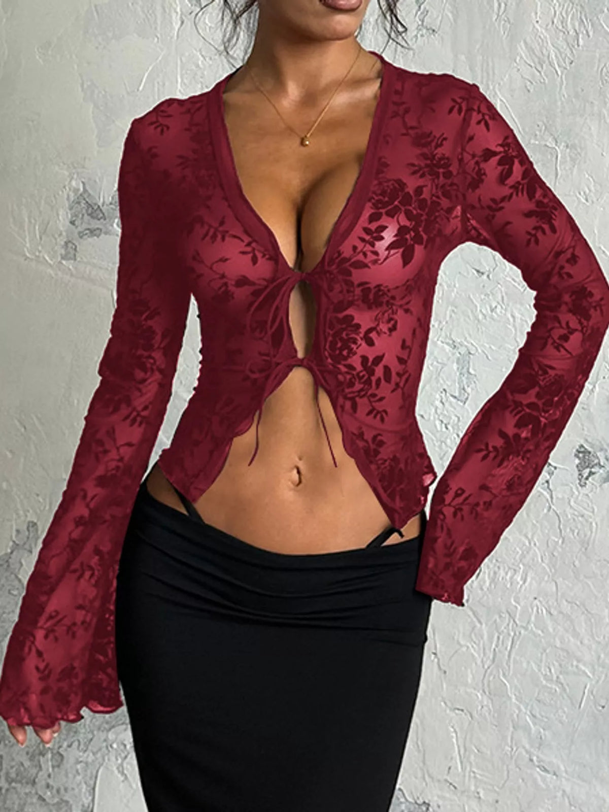 Sheer Floral Tie-Front Flare Sleeve Top in wine red