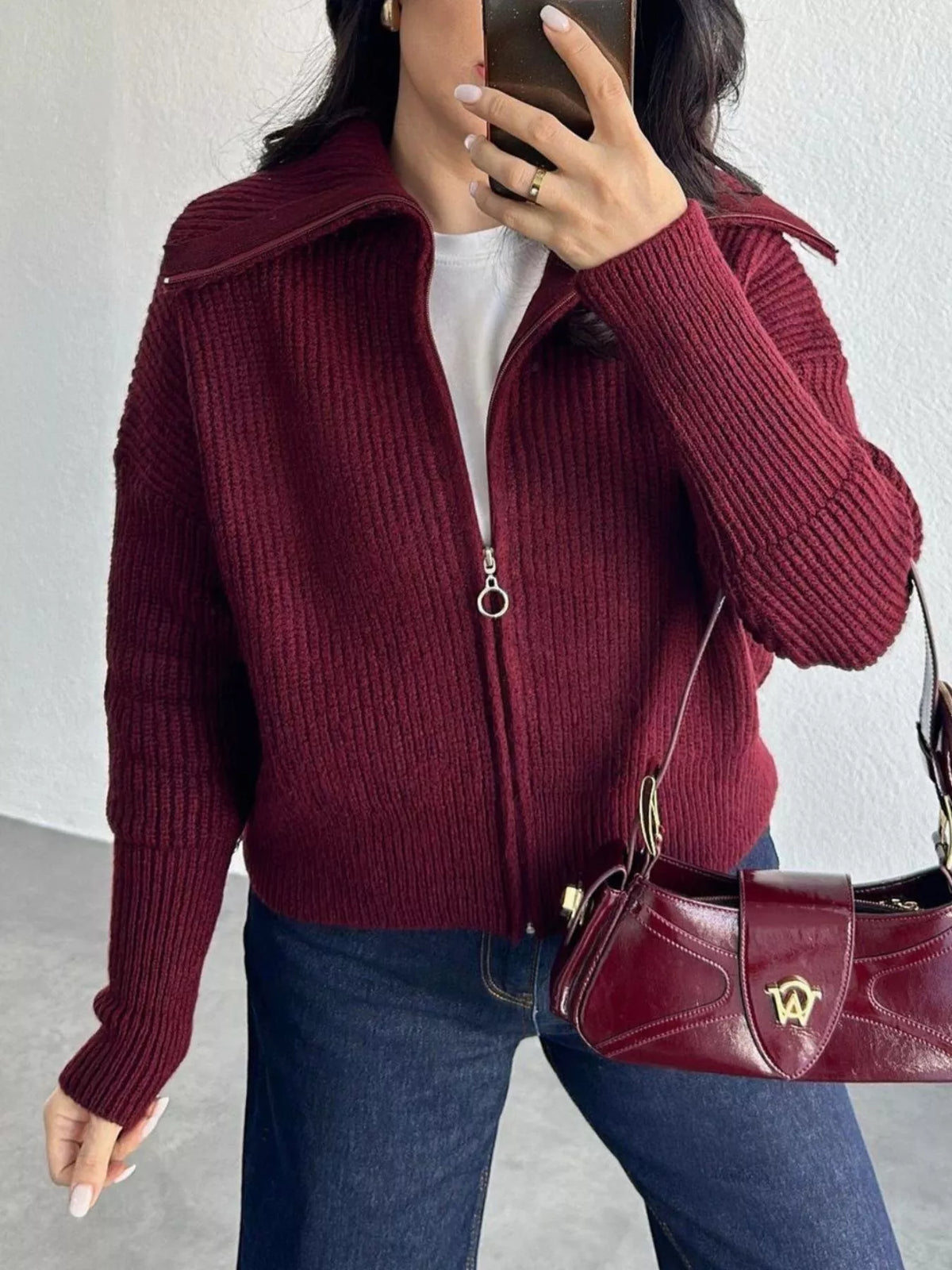 Trendsi Zip Up Dropped Shoulder Cardigan -