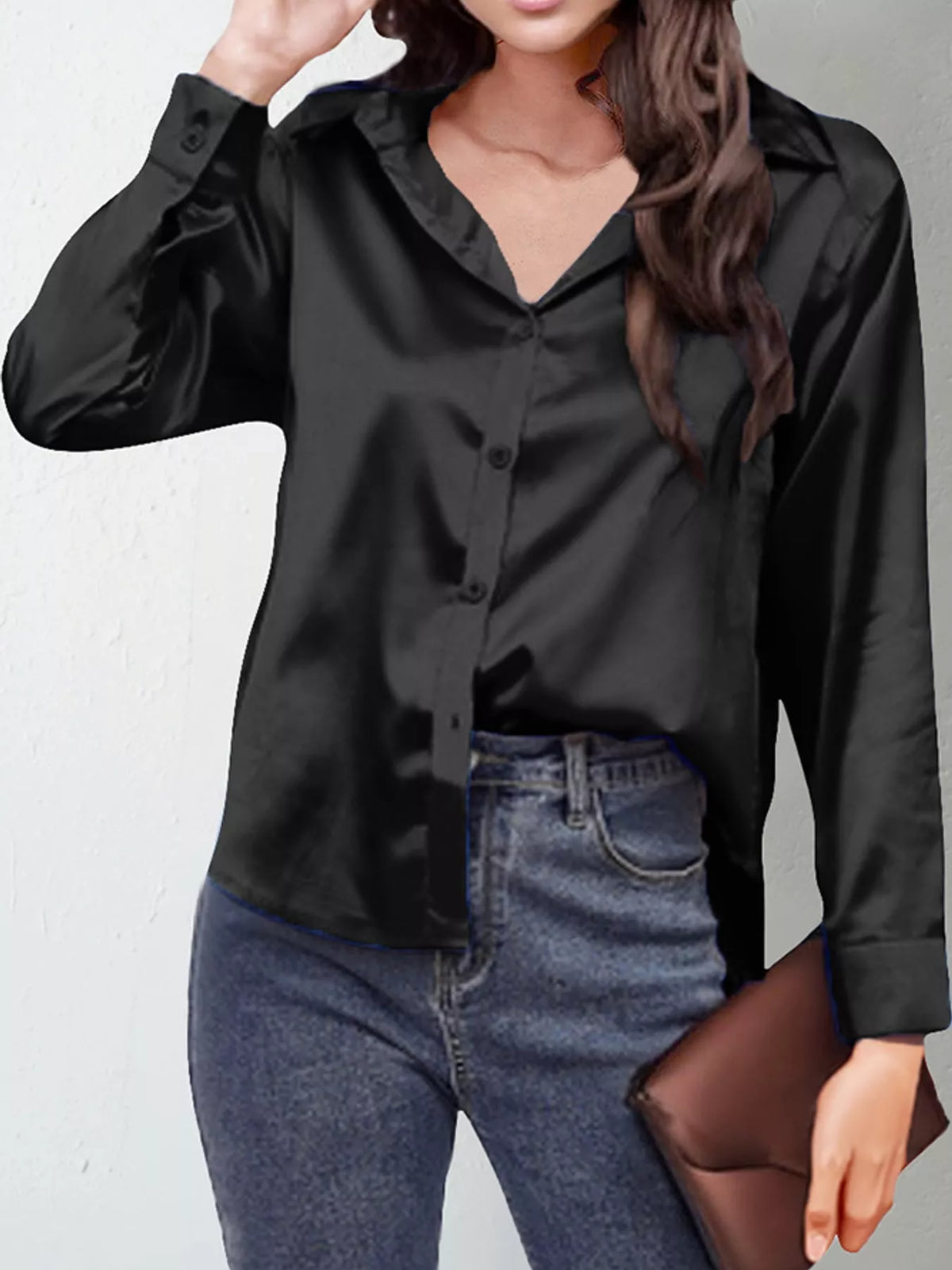 Dark Gray satin button-down long sleeve shirt