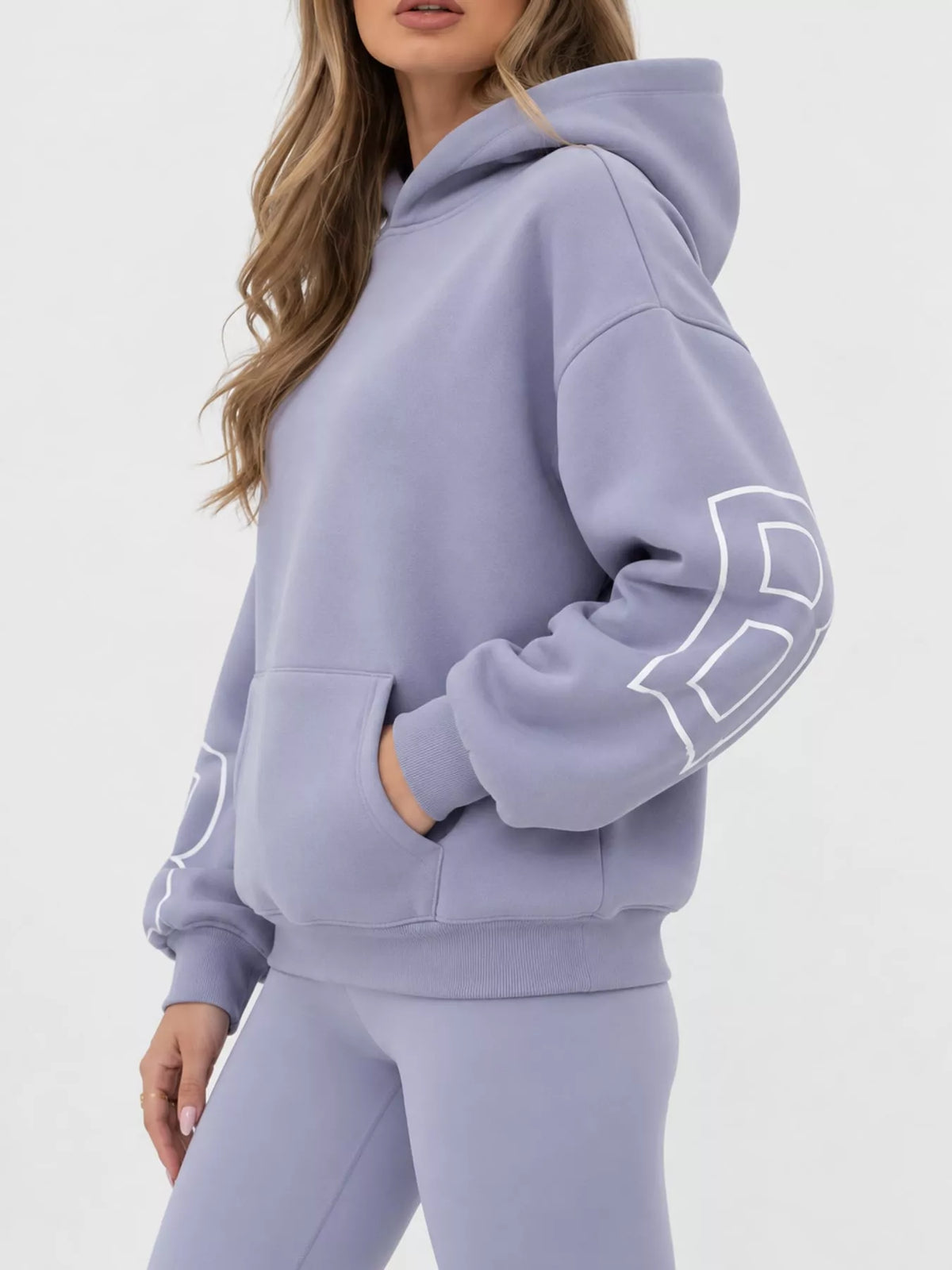 Lavender letter-print pullover hoodie with kangaroo pocket