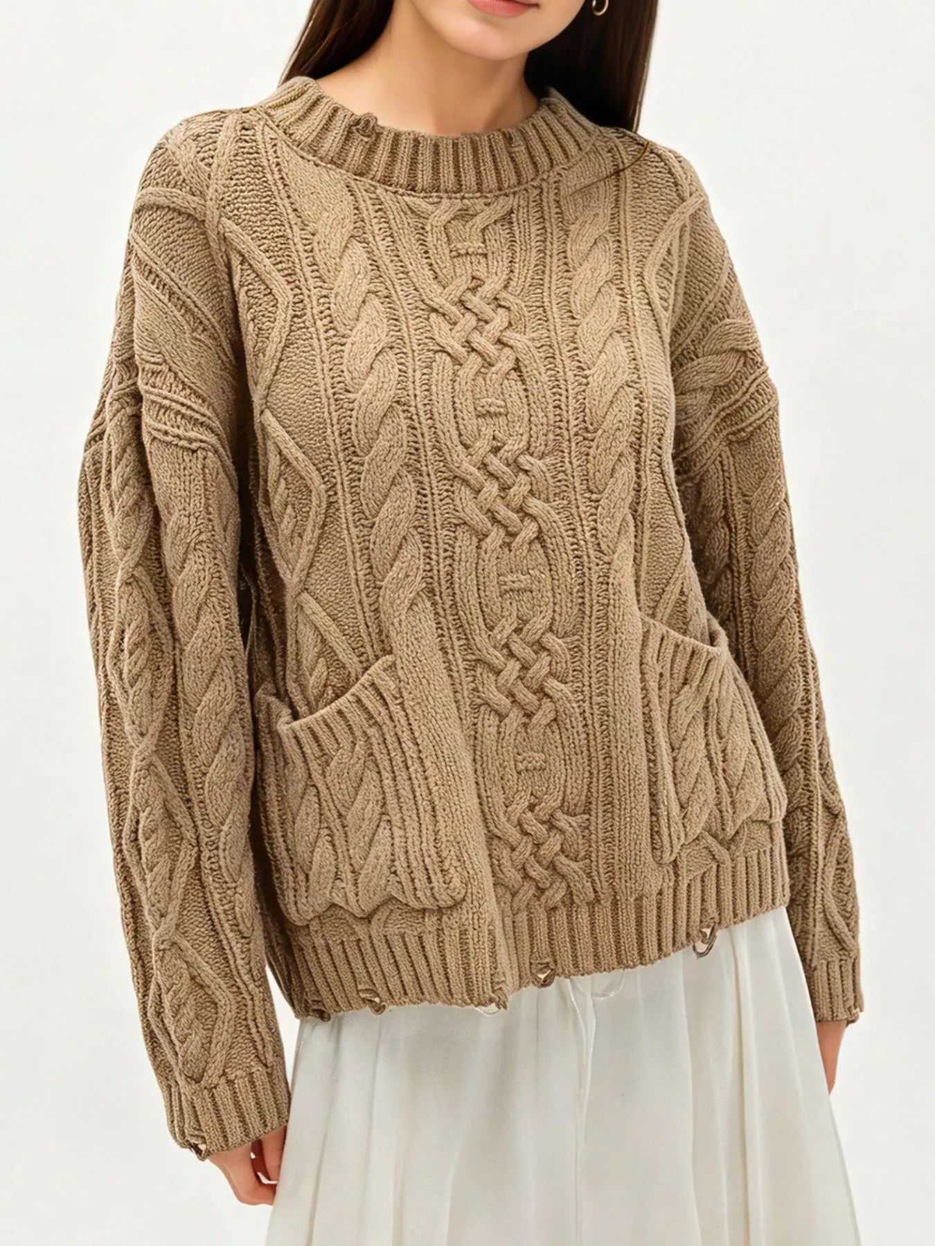Trendsi Cable-Knit Sweater with Front Pockets -