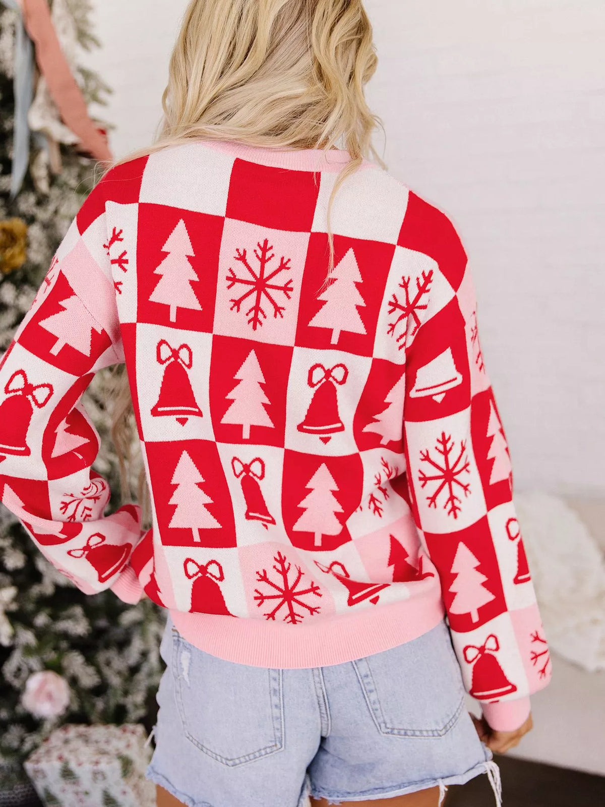 Pink and red Christmas patchwork round neck sweater — back view